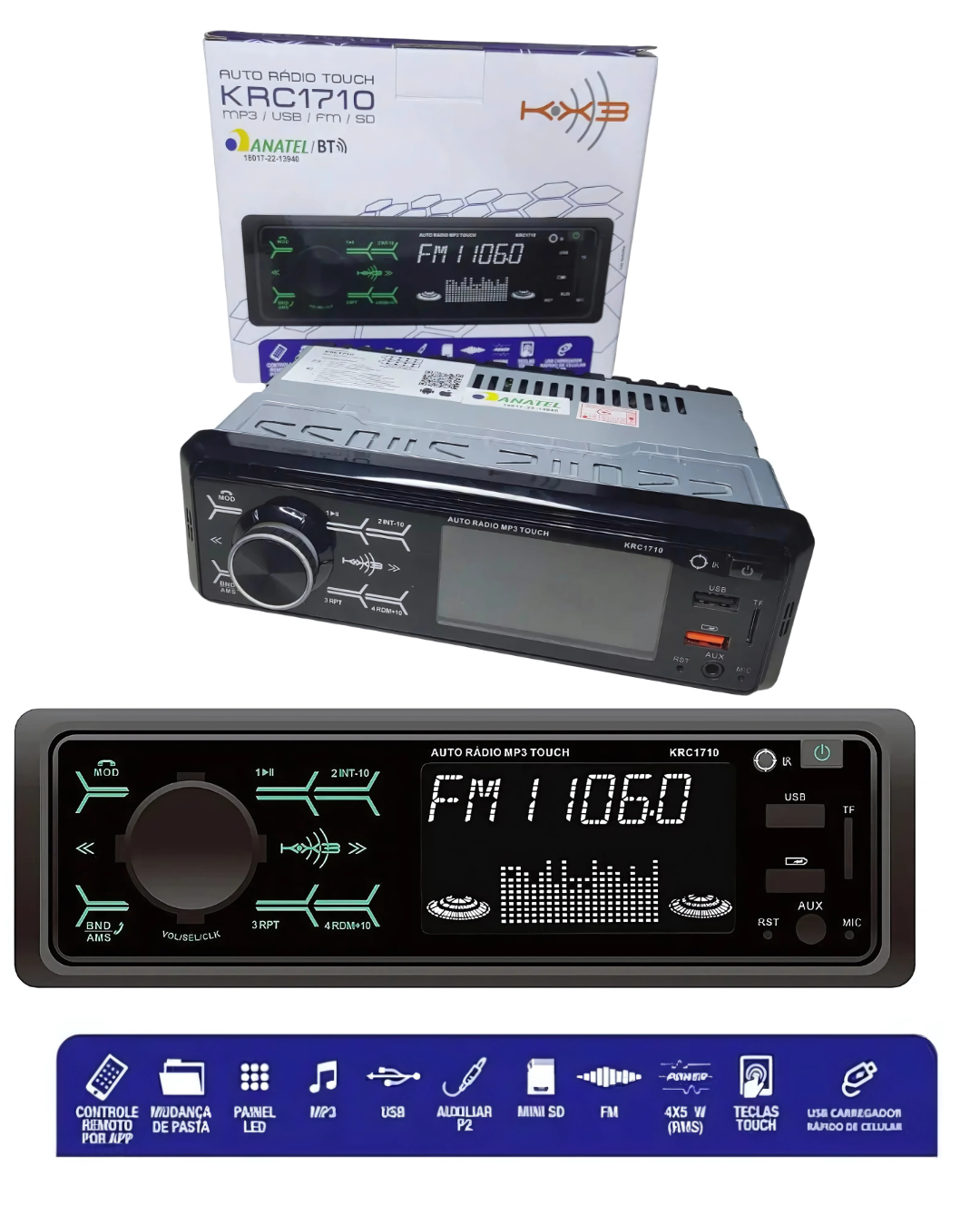 RADIO AUTO COM 2 ENTRADAS USB MP3 PAINEL TOUCH LED/SD KX3