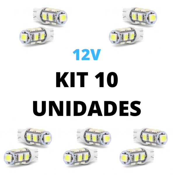 Lampada led T10 9 smd 5050 branco 12V (10 unidades)